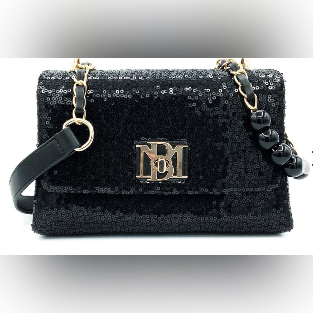 BADGLEY MISCHKA Sequin Messenger Pearl Bag-Black (NWT)